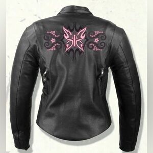 Milwaukee Leather Ladies Black Leather Jacket Fuchsia Butterfly Design Size L